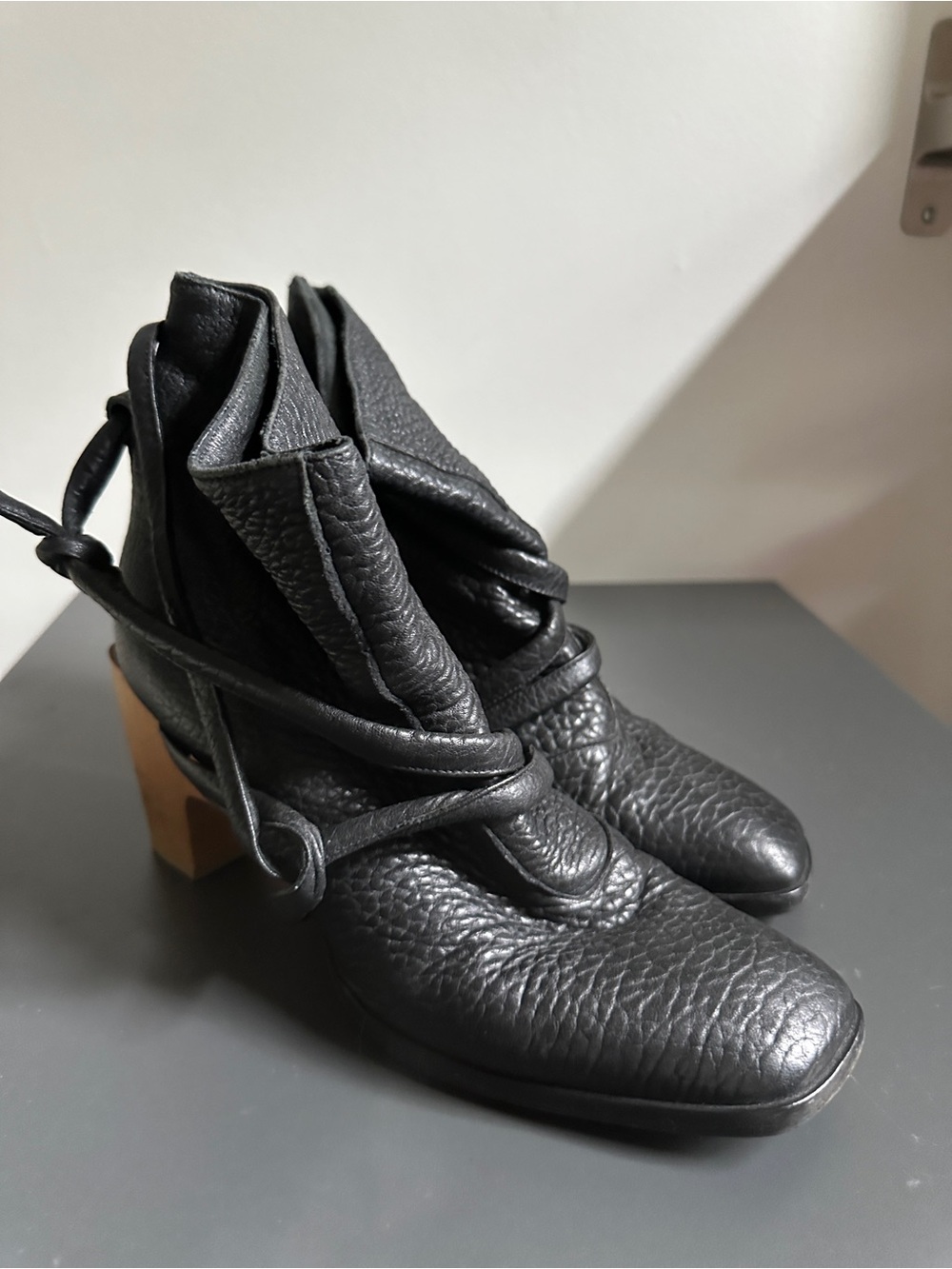 Zero + Maria Cornejo Dea Black Leather Harness Ankle Boots Wooden Clog, 38